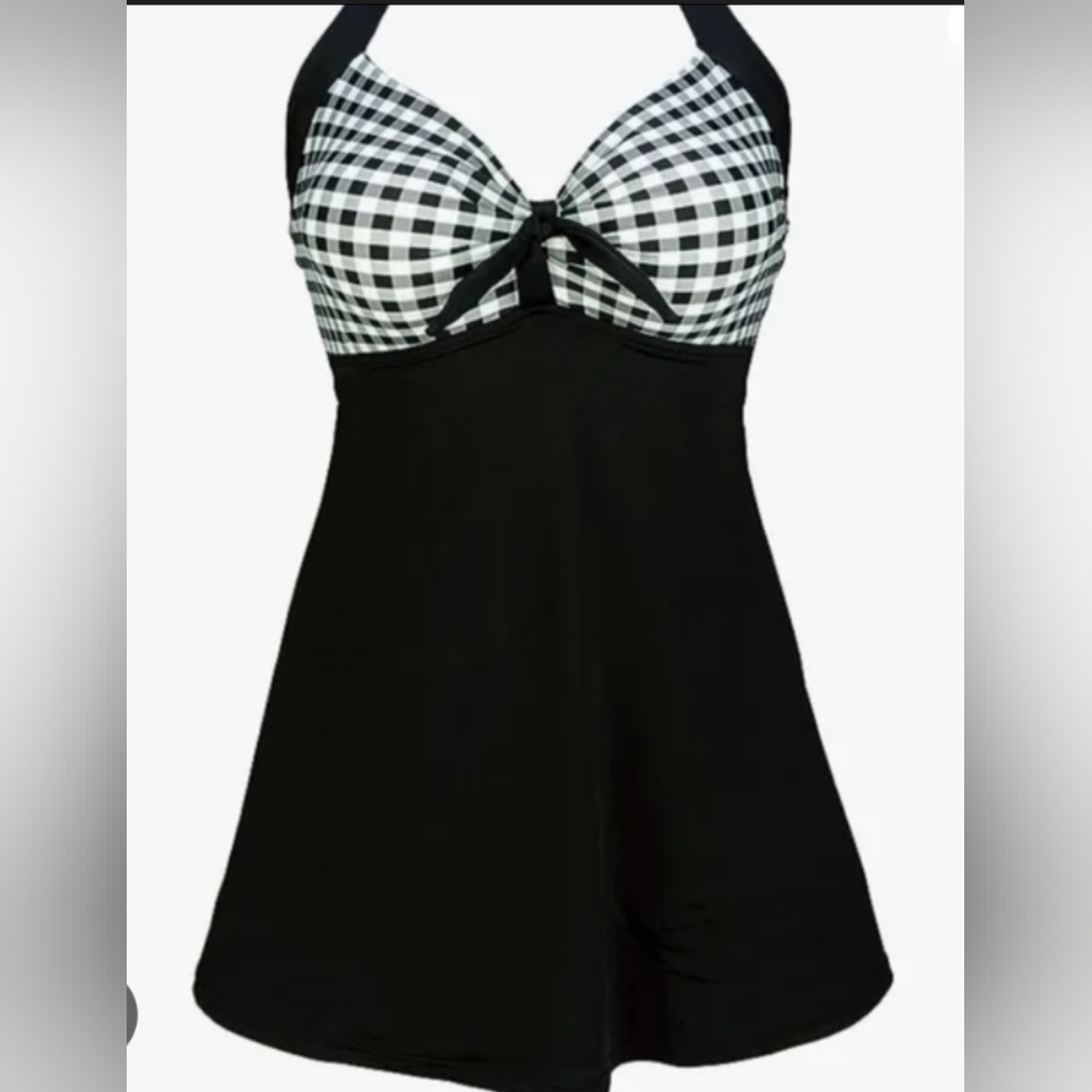 COCOSHIP Black and White Gingham Halter One-Piece Swimsuit Swimdress Size 10